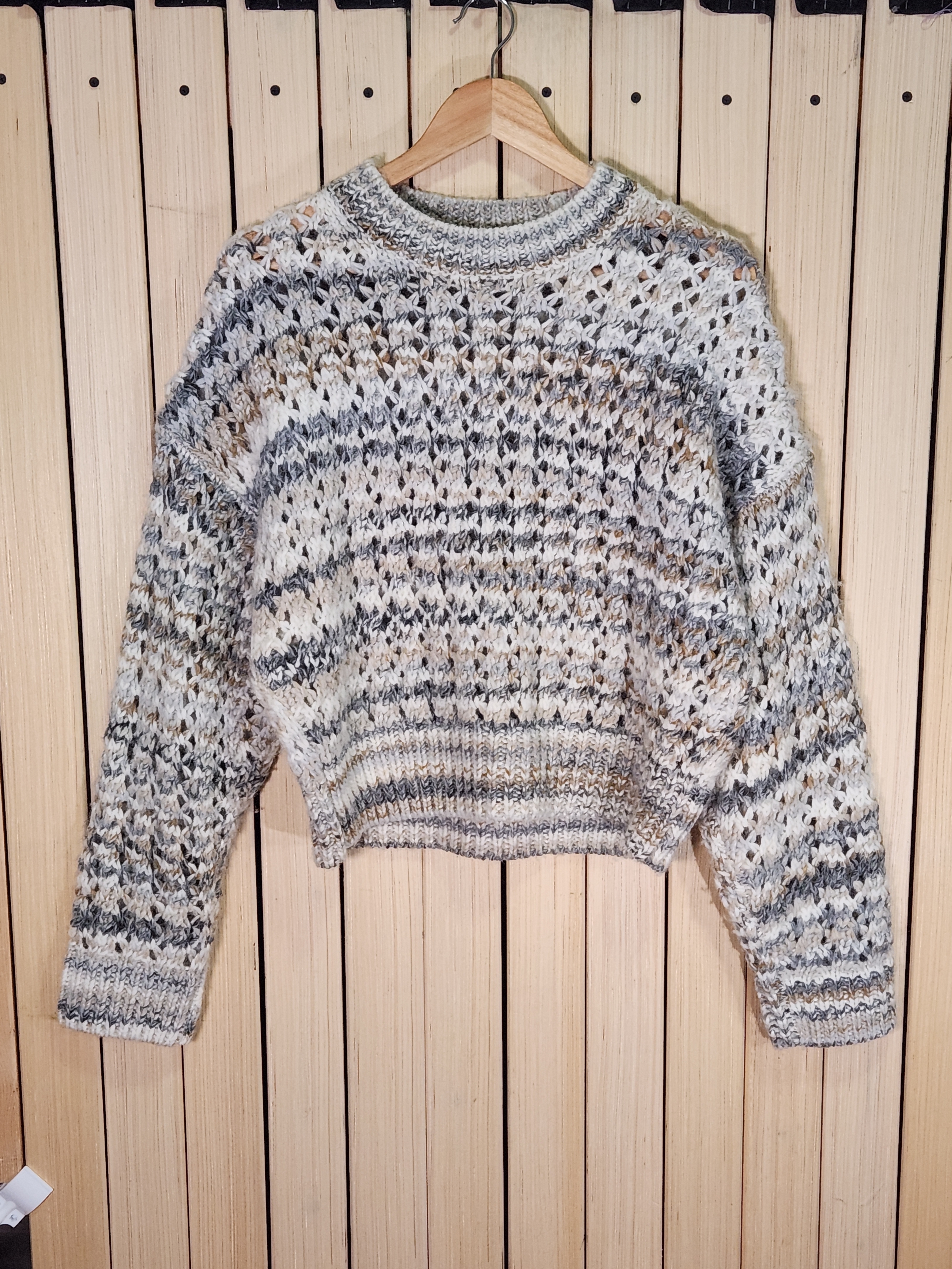 Madewell Sweater Open-Knit Crew Sweater In Cream, Gray & Brown Angora